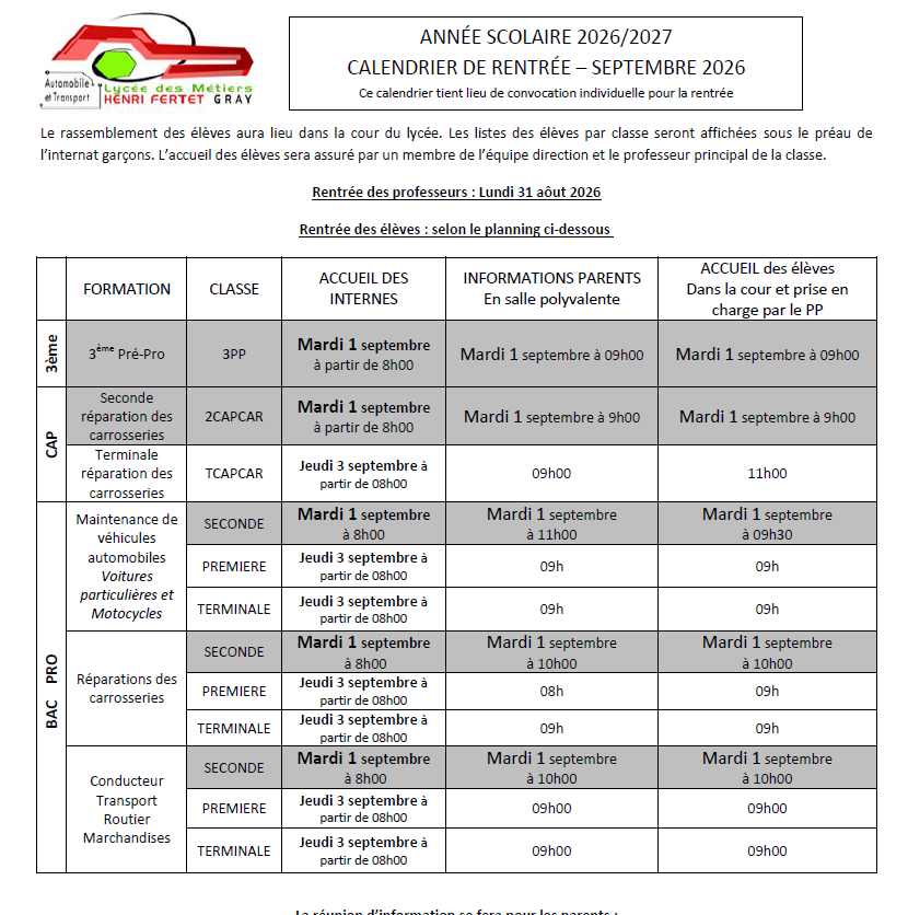 Calendrier rentrée scolaire 2026